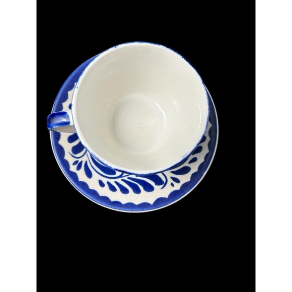 Anfora Puebla Blue Teacup Saucer Hand Painted Mexico Collect Early Mark Vintage - Picture 6 of 13